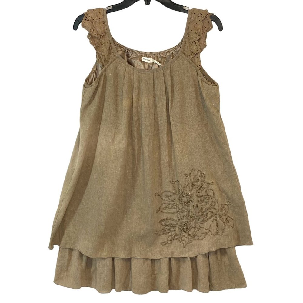 Lagenlook Tan Linen Dress Size M Embroidered Tiers Lightweight Blue Bird Boho - Picture 6 of 12